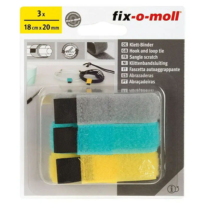 Fix-o-moll Klettbinder - L x B: 18 cm x 20 mm, Türkis, Grau, Gelb, 3 Stk. - Vorderansicht