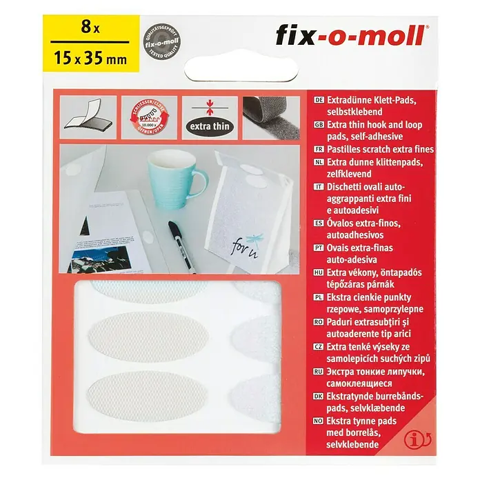 Fix-o-moll Klettpad - L x B: 35 x 15 mm, Weiß, Selbstklebend, 8 Stk. - Vorderansicht