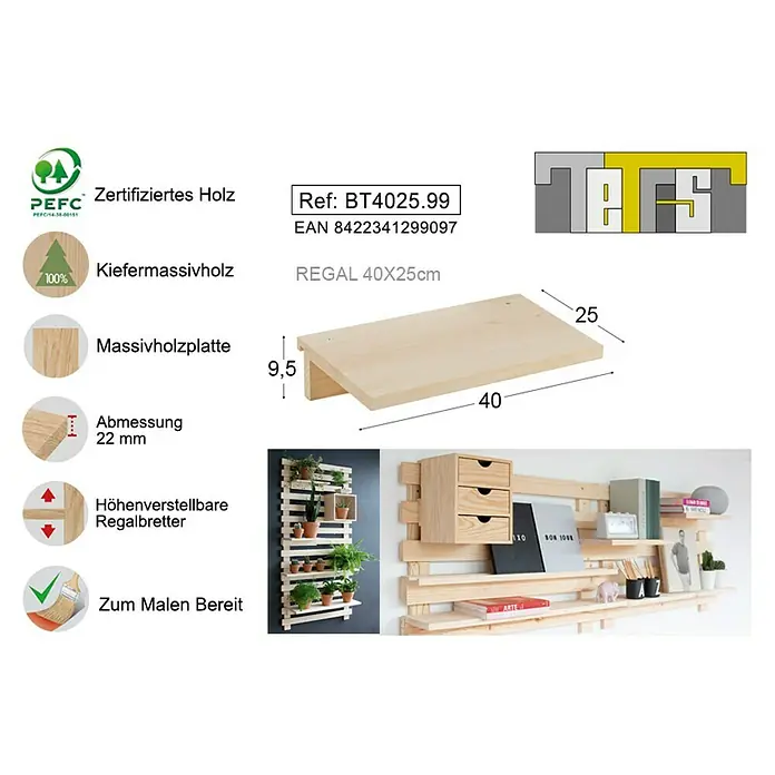 Astigarraga Tetris Wandregal - L x B x H: 40 x 25 x 9,5 cm, Kiefernholz - Rechte Seitenansicht