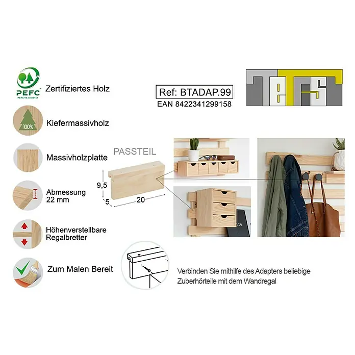 Astigarraga Adapter BTADAP.99 - L x B x H: 20 x 9,5 x 5 cm, Kiefernholz - Rechte Seitenansicht