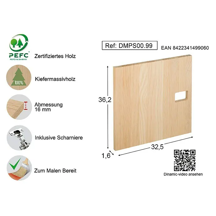 Astigarraga Dinamic Möbeltür - L x B x H: 36,2 x 32,5 x 1,6 cm, Kiefernholz - Rechte Seitenansicht