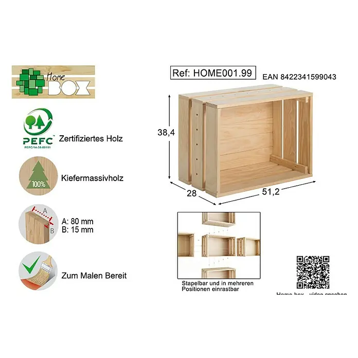 Astigarraga Home Box Holzkiste - L x B x H: 28 x 51,2 x 38,4 cm, Kiefernholz - Rechte Seitenansicht