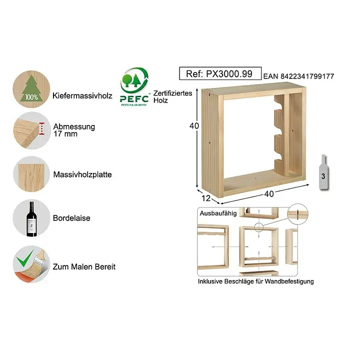Astigarraga Weinregal - L x B x H: 12 x 40 x 40 cm, Holz, Anzahl Flaschen: 3 Stk. - Vorderansicht