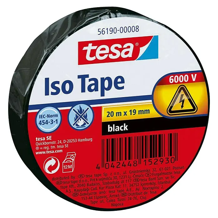 Tesa Cinta aislante Iso Tape - Negro, L x An: 20 m x 19 mm