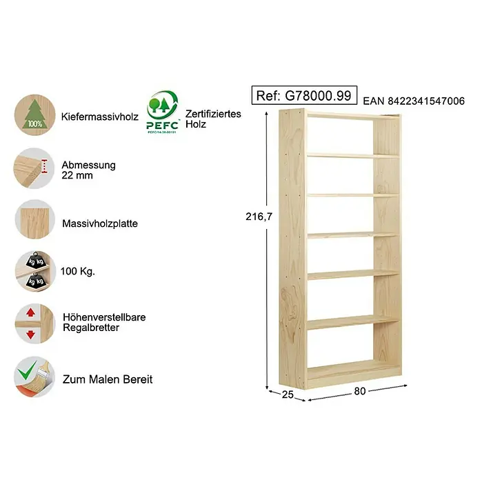 Astigarraga Estantería de madera Gala - L x An x Al: 80 x 25 x 220 cm, Madera - Vista de perfil derecho