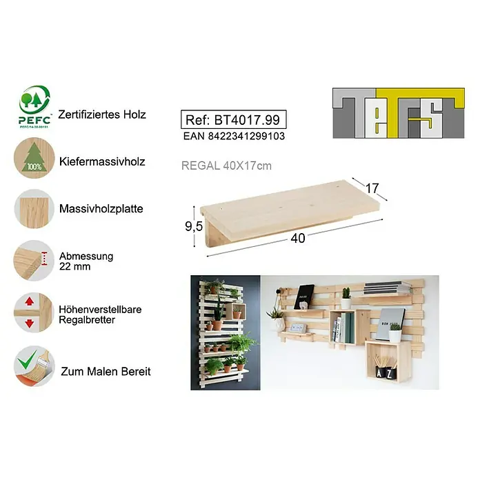 Astigarraga Tetris Wandregal - L x B x H: 40 x 17 x 9,5 cm, Kiefernholz - Rechte Seitenansicht