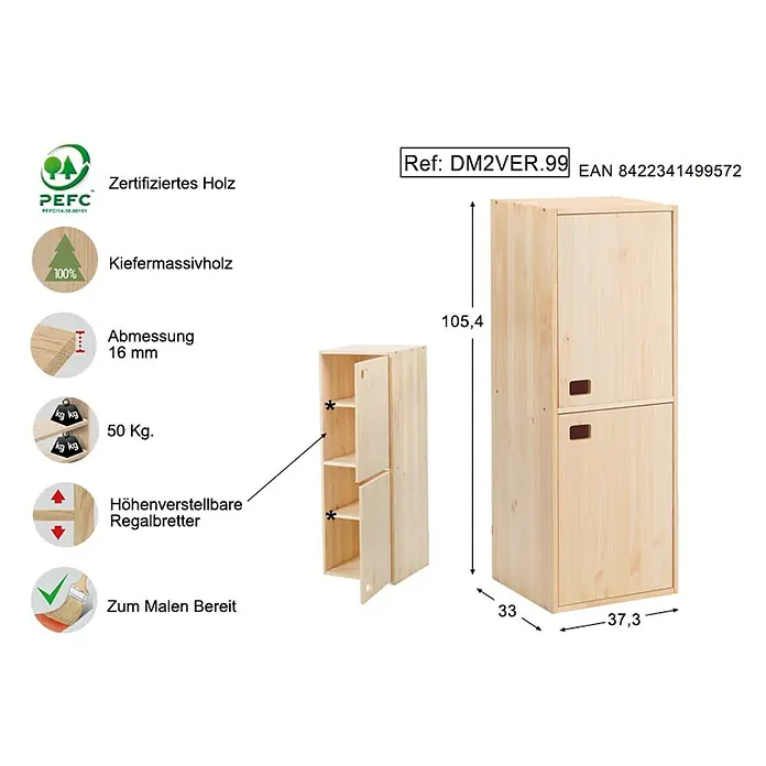 Astigarraga Dinamic Schrank - L x B x H: 33 x 37,3 x 105,4 cm, Kiefernholz - Rechte Seitenansicht