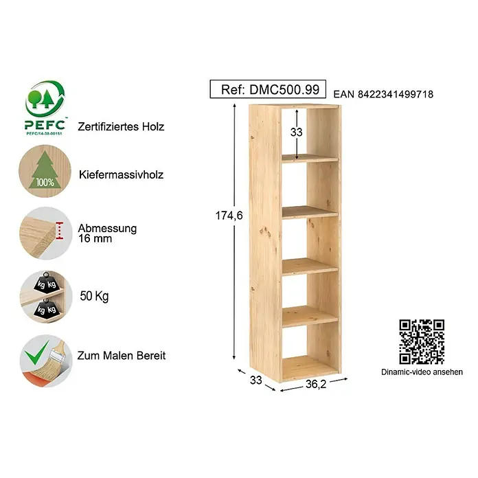 Astigarraga Dinamic Holzregal - L x B x H: 33 x 36,2 x 174,6 cm, Holz - Rechte Seitenansicht
