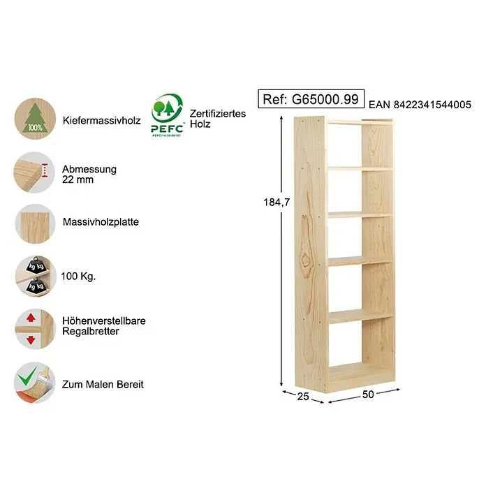 Astigarraga Holzregal Gala - L x B x H: 50 x 25 x 185 cm, Holz - Rechte Seitenansicht