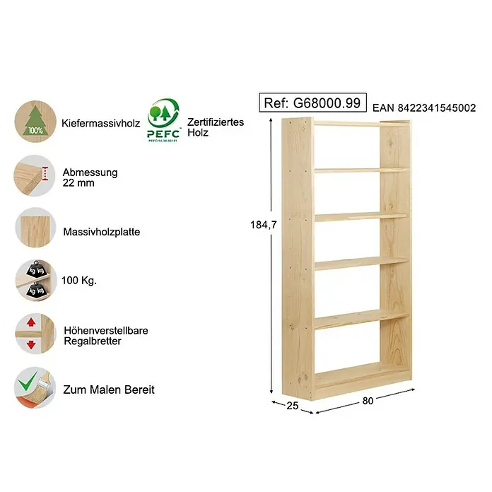 Astigarraga Holzregal Gala - L x B x H: 80 x 25 x 186 cm, Holz - Rechte Seitenansicht
