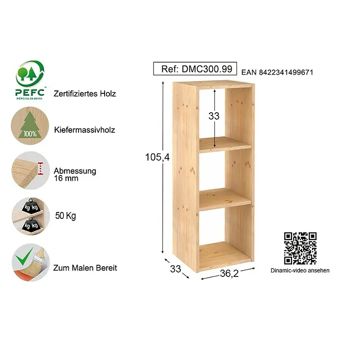 Astigarraga Dinamic Holzregal - L x B x H: 33 x 36,2 x 105,4 cm, Holz - Rechte Seitenansicht