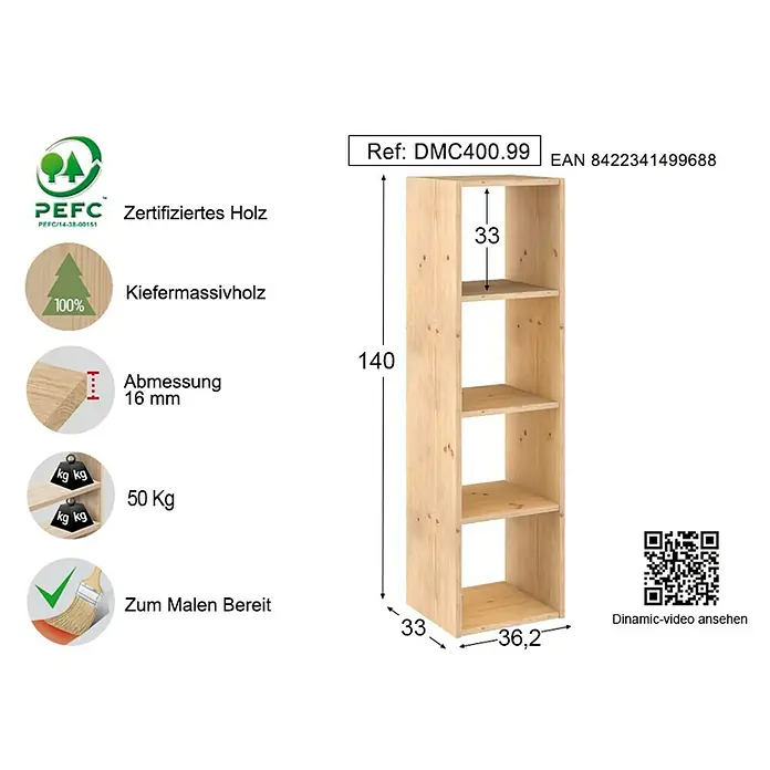 Astigarraga Dinamic Holzregal - L x B x H: 33 x 36,2 x 140 cm, Holz - Rechte Seitenansicht