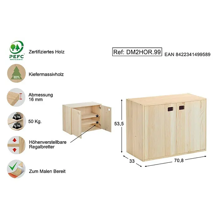 Astigarraga Dinamic Schrank - L x B x H: 33 x 70,8 x 53,5 cm, Kiefernholz - Rechte Seitenansicht