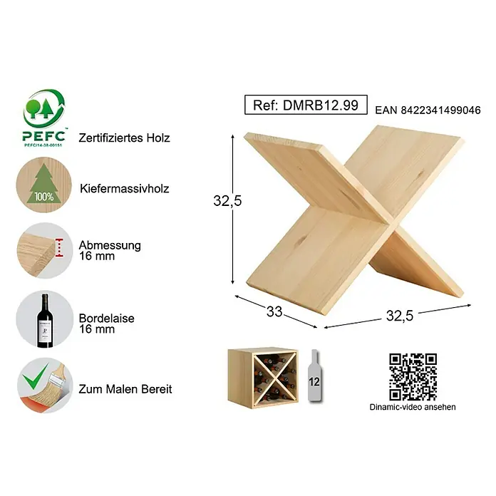 Astigarraga Dinamic Weinregal - L x B x H: 33 x 32,5 x 32,5 cm, Holz - Rechte Seitenansicht