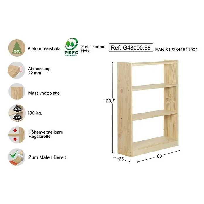 Astigarraga Holzregal Gala - L x B x H: 80 x 25 x 118,2 cm, Holz - Rechte Seitenansicht