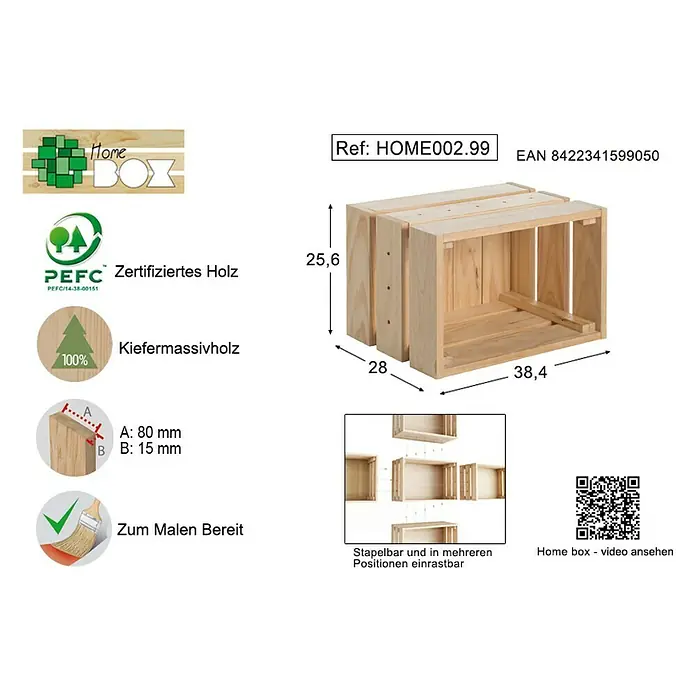 Astigarraga Home Box Holzkiste - L x B x H: 28 x 38,4 x 25,6 cm, Kiefernholz - Rechte Seitenansicht
