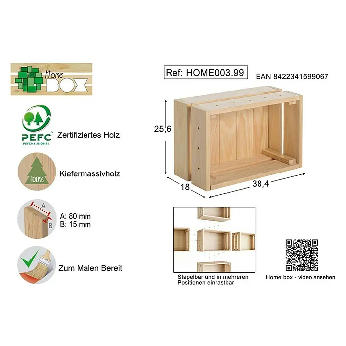 Astigarraga Home Box Holzkiste - L x B x H: 18 x 38,4 x 25,6 cm, Kiefernholz - Rechte Seitenansicht