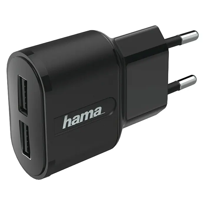 Hama Dual-Ladegerät - 2-fach, Schwarz, 2 x USB A-Kupplung, Euro-Stecker - Vorderansicht