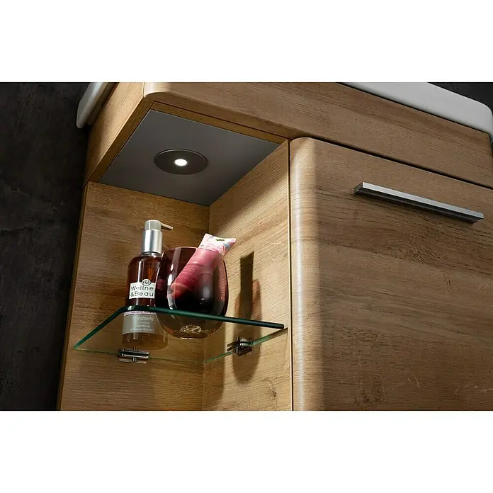 Camargue Faro Mini Waschtischunterschrank - 55 x 29,5 x 55 cm, Bewegungsmelder mit LED-Beleuchtung, Berg Eiche - Detailaufnahme