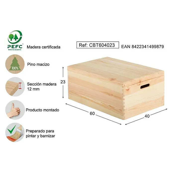 Astigarraga Caja con tapa - L x An x Al: 60 x 40 x 23 cm, Pino