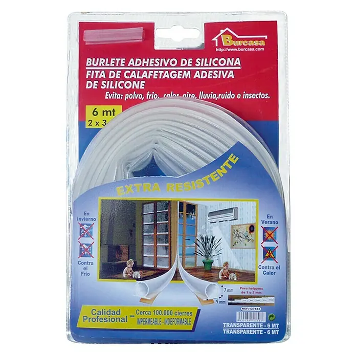 Burlete adhesivo silicona - Transparente, Largo: 6 m, Desajustes de 1 - 7 mm