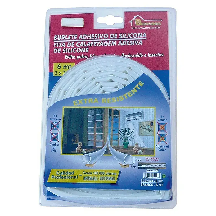 Burlete adhesivo silicona - Blanco, Largo: 6 m, Desajustes de 1 - 7 mm