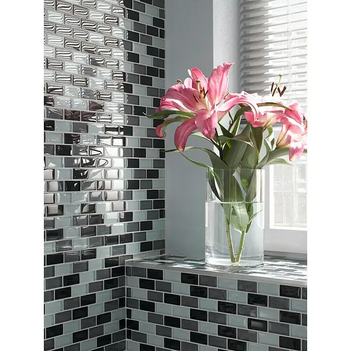 Mozaïektegel brick glas CM B425 - 32,2 x 31 cm, Grijs/Wit, Glanzend - Sfeeropname