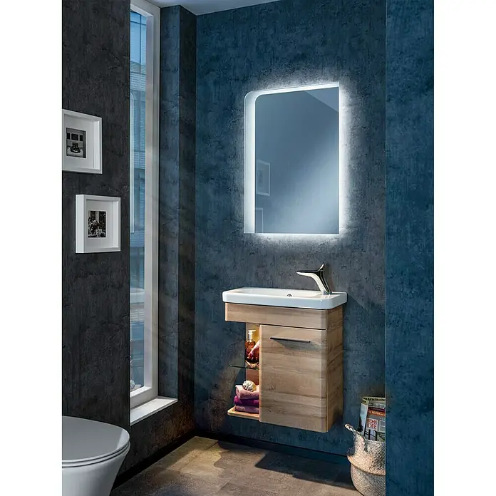 Camargue Faro Mini Waschtischunterschrank - 55 x 29,5 x 55 cm, Bewegungsmelder mit LED-Beleuchtung, Berg Eiche