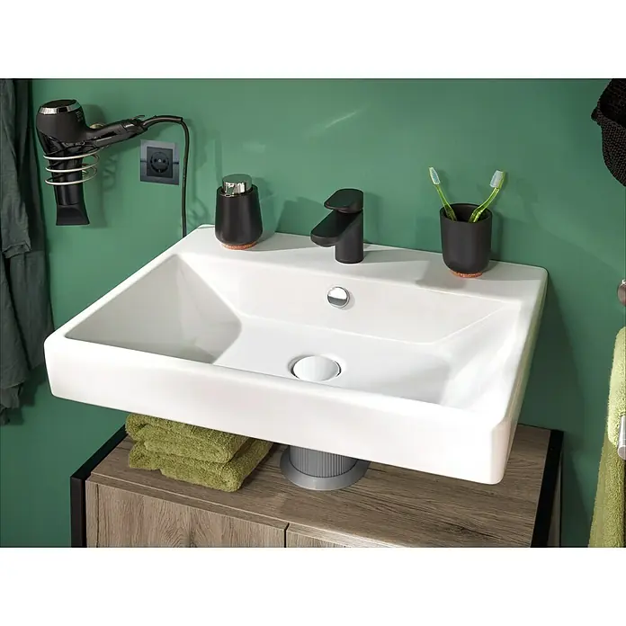 Camargue New York Waschtisch - 61,5 x 45 cm, Ohne Spezialglasur, Hahnloch: Mitte, Mit Überlauf, Weiß