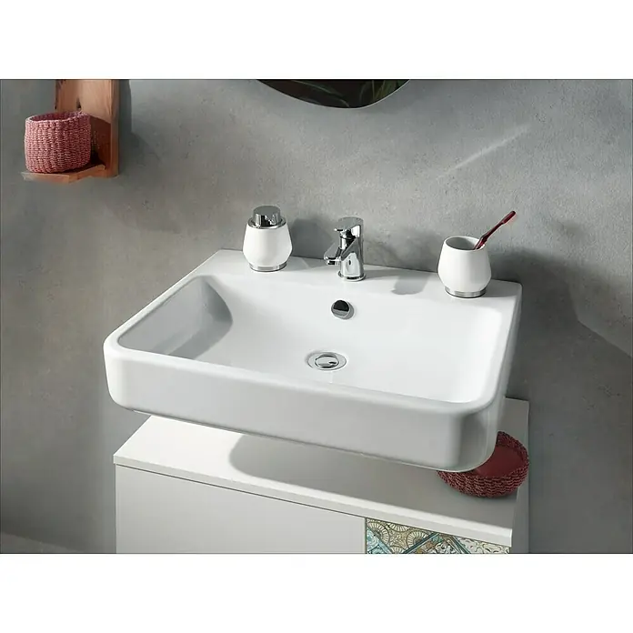 Camargue San Francisco Waschtisch - 60 x 45,5 cm, Ohne Spezialglasur, Hahnloch: Mitte, Mit Überlauf, Weiß