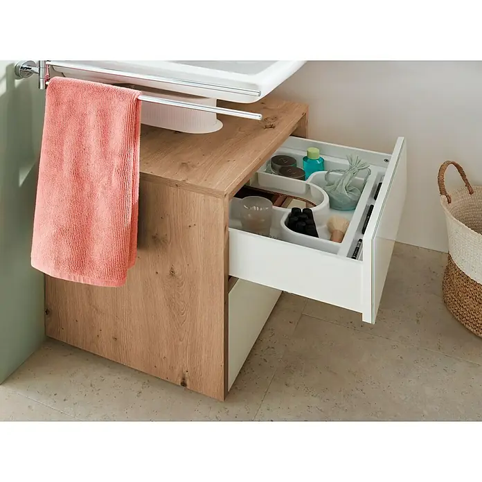 Riva Waschtischunterschrank Glass - 60,8 x 40 x 58 cm, Eiche Nachbildung, Weiß