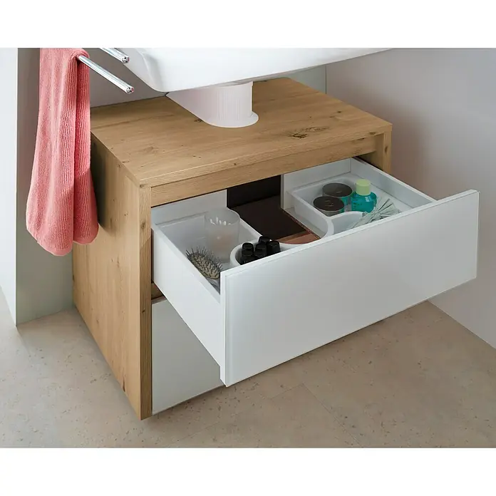 Riva Waschtischunterschrank Glass - 60,8 x 40 x 58 cm, Eiche Nachbildung, Weiß