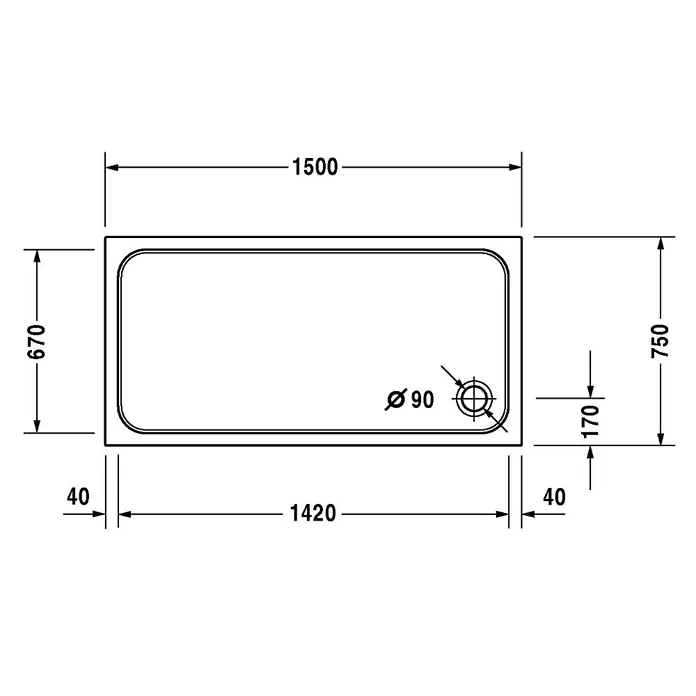 Duravit D-Code Duschwanne - L x B: 150 x 75 cm, Kunststoff, Weiß, Ohne Antirutsch-Oberfläche, Rechteckig - Detailaufnahme