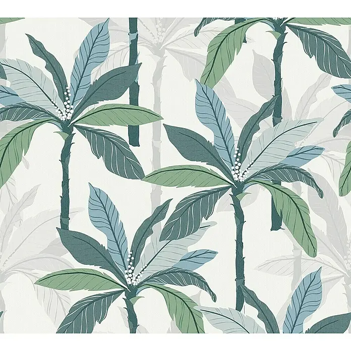 AS Creation Geo Nordic Vliestapete Palmen - Blau, Floral, 10,05 x 0,53 m - Detailaufnahme
