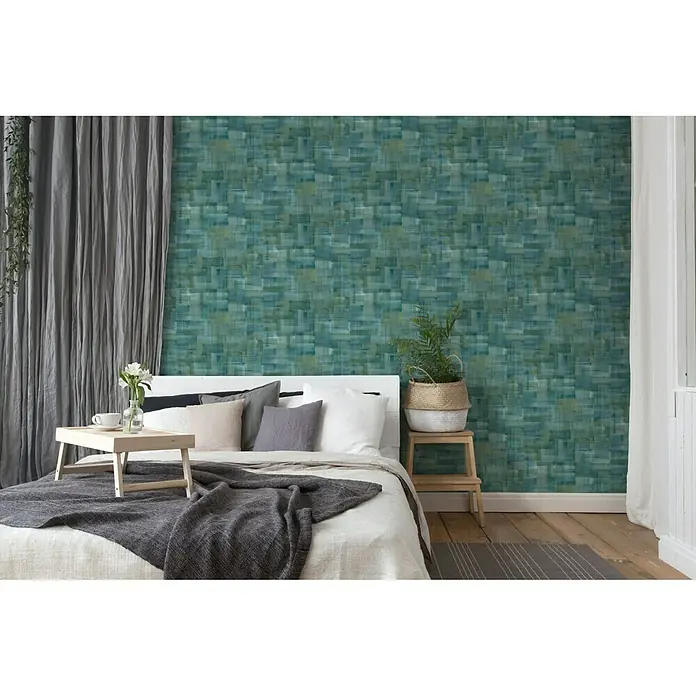 AS Creation Geo Nordic Vliestapete Struktur - Blau/Grün, Uni, 10,05 x 0,53 m - Stimmungsaufnahme