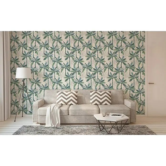 AS Creation Geo Nordic Vliestapete Palmen - Blau, Floral, 10,05 x 0,53 m - Stimmungsaufnahme