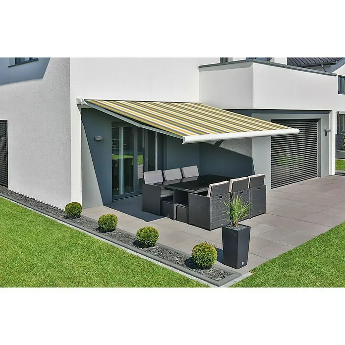 Deyo Limassol Vollkassettenmarkise - Gelb/Grau/Beige, Farbe Gestell: Weiß, Breite: 4 m, Ausfall: 3,5 m - Stimmungsaufnahme