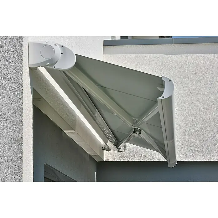 Deyo Limassol Vollkassettenmarkise - Gelb/Grau/Beige, Farbe Gestell: Weiß, Breite: 5 m, Ausfall: 3,5 m - Detailaufnahme