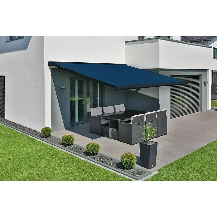 Deyo Limassol Vollkassettenmarkise - Blau, Farbe Gestell: Anthrazit, Breite: 3,5 m, Ausfall: 3 m - Stimmungsaufnahme