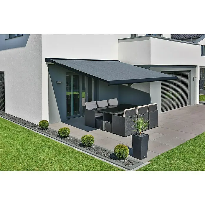 Deyo Limassol Vollkassettenmarkise - Sandbeige, Farbe Gestell: Anthrazit, Breite: 3,5 m, Ausfall: 3 m - Stimmungsaufnahme