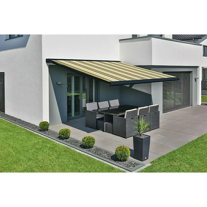 Deyo Limassol Vollkassettenmarkise - Gelb/Grau/Beige, Farbe Gestell: Anthrazit, Breite: 3,5 m, Ausfall: 3 m - Stimmungsaufnahme