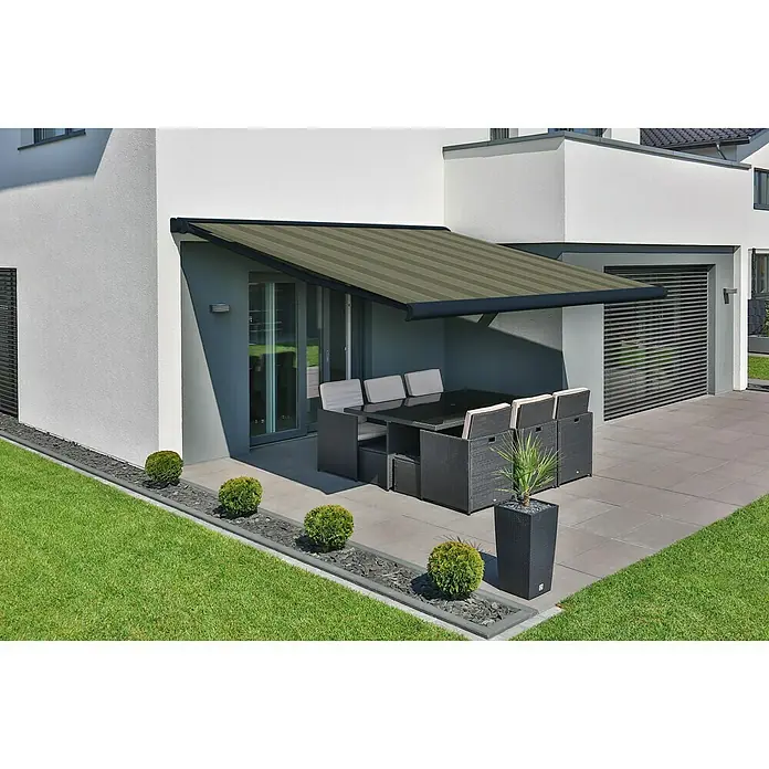Deyo Limassol Vollkassettenmarkise - Grau meliert, Farbe Gestell: Anthrazit, Breite: 3,5 m, Ausfall: 3 m - Stimmungsaufnahme