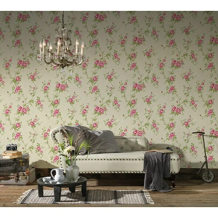 AS Creation Romantico Vliestapete Blütenranke - Creme, Floral, 10,05 x 0,53 m - Stimmungsaufnahme