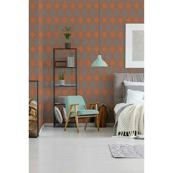 AS Creation Pop Style Vliestapete Kachel - Grau/Orange, Grafisch, 10,05 x 0,53 m - Stimmungsaufnahme
