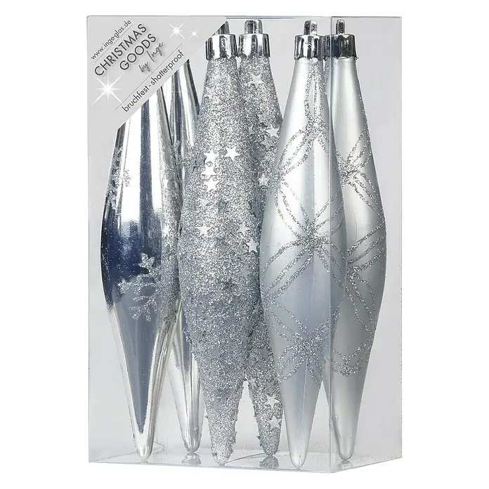 Christbaumschmuck - Silber, Kunststoff, 6 Stk. - Vorderansicht