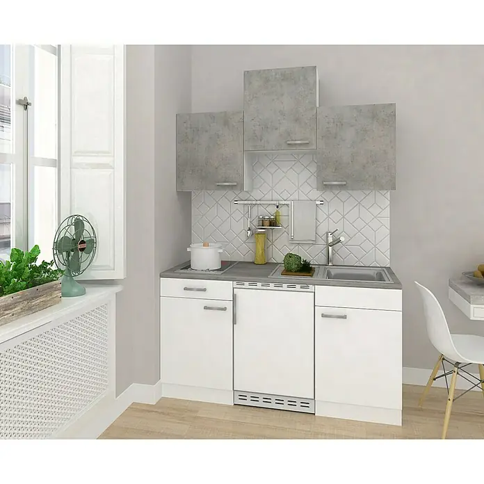 Respekta Singleküche KB150WWBG - Breite: 150 cm, Mit Duo-Kochmulde, Betonoptik - Vorderansicht