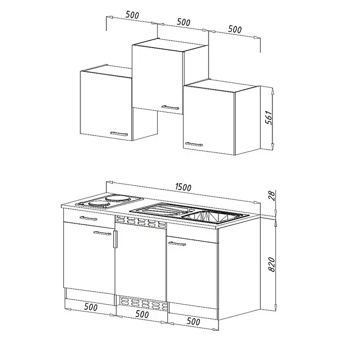 Respekta Singleküche KB150WWBG - Breite: 150 cm, Mit Duo-Kochmulde, Betonoptik