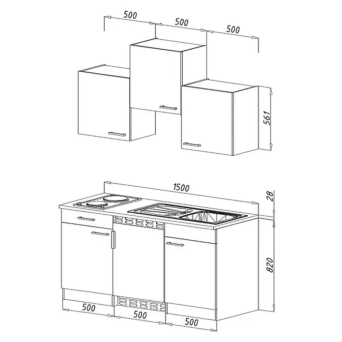 Respekta Singleküche KB150WWBMIG - Breite: 150 cm, Mit Duo-Kochmulde, Betonoptik