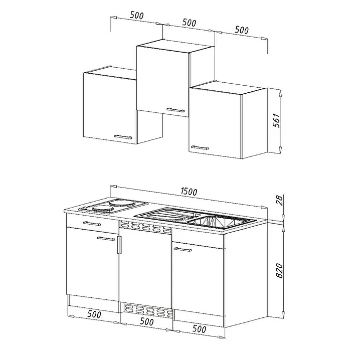 Respekta Singleküche KB180WWBG - Breite: 180 cm, Mit Duo-Kochmulde, Betonoptik