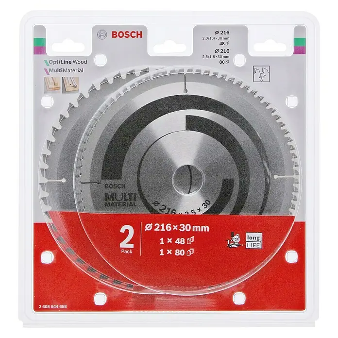 Bosch Kreissägeblatt Optiline Wood + Multi Material - Durchmesser: 216 mm, Bohrung: 30 mm, 2 -tlg. - Vorderansicht